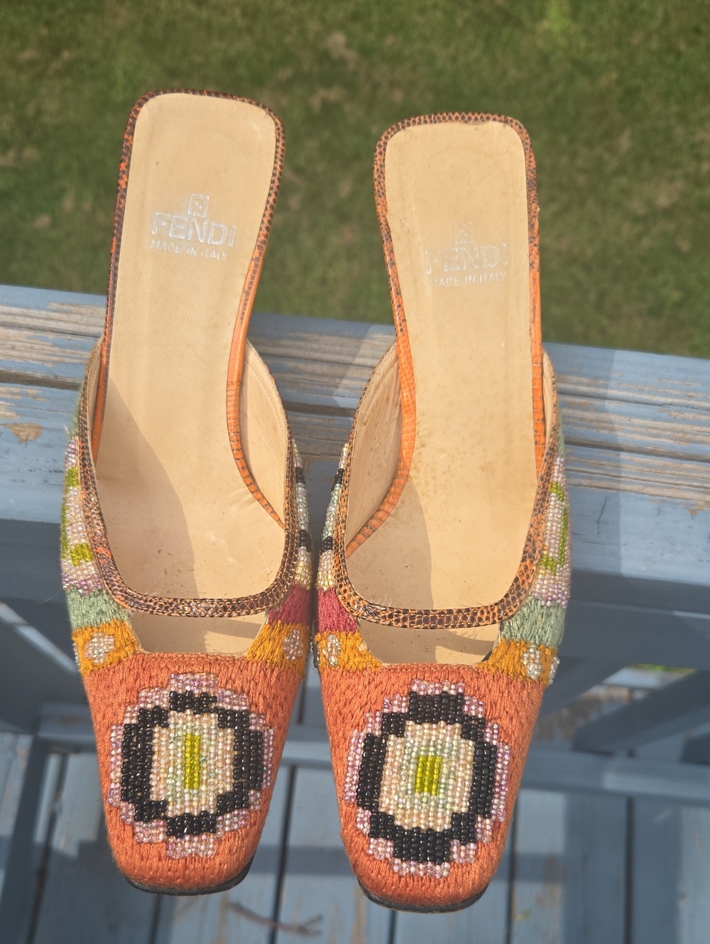 Fendi Orange Multicolor Beaded Mules